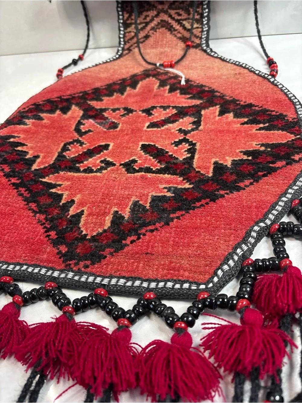 Vintage Tribal Textile Wall Hanging w/ Tassels & Beads – 32” x 14” Boho Decor